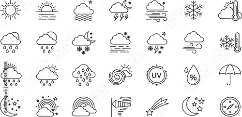 Weather, Climate line icon set. Vector pictograms of storm, rain, thunderstorm, snow, hurricane forecast, UV index, hail, thermometer