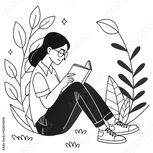 Line art woman reading book, floral backdrop, casual outfit, thoughtful mood & transparent