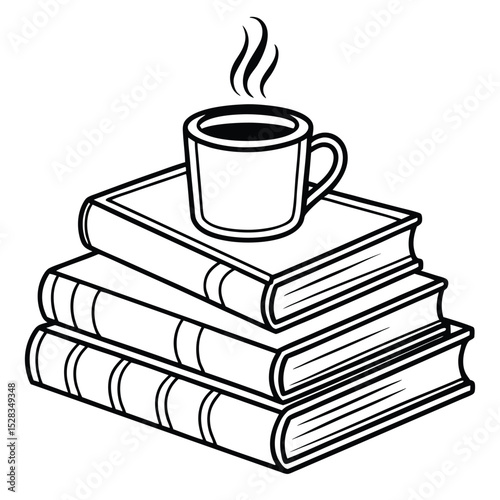 Stack of Books with Steaming Coffee Cup in Line Art on Transparent Background