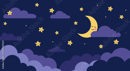 moon and stars  Flat vector night sky with dreamy purple and indigo clouds, crescent moons, and sleepy stars. Peaceful, magical, and mysterious dreamscape in solid colors with bold outlines.