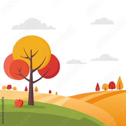 A picturesque autumn landscape, filled with colorful trees and rolling hills, with a prominent tree. The artwork uses a bright color palette to bring out a feeling of nature 