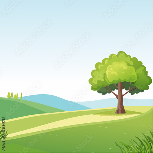 Idyllic countryside landscape with a single tree on a rolling green hill