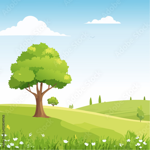 A serene illustration of a vibrant countryside, with a majestic tree dominating the foreground. The scene showcases a landscape of rolling green hills, a clear blue sky, and fluffy clouds. 