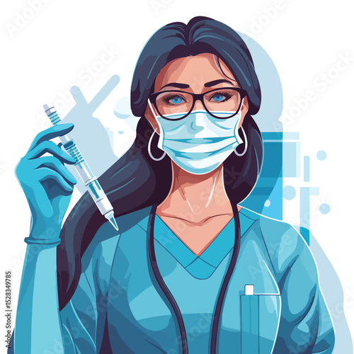Professional Female Doctor Wearing Medical Mask with Vaccine Illustration for Healthcare Concepts