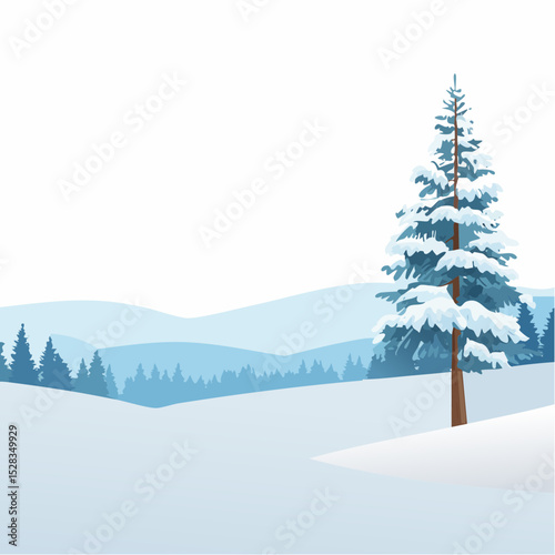 Snowy landscape with evergreen trees and hills, creating a serene winter atmosphere. The image conveys tranquility and the beauty of winter scenery.