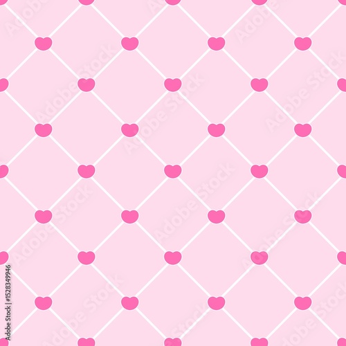 Cute pink hearts and white grid seamless pattern. Ideal for romantic, sweet, or feminine designs.