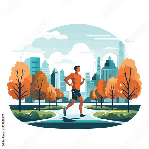 Professional vector illustration of a fit man running in a park scenery