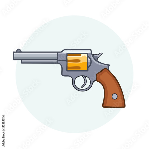 A detailed illustration of a classic handgun, focusing on its design and structure. The gun's components and features are clearly defined, providing a visual representation of a firearm