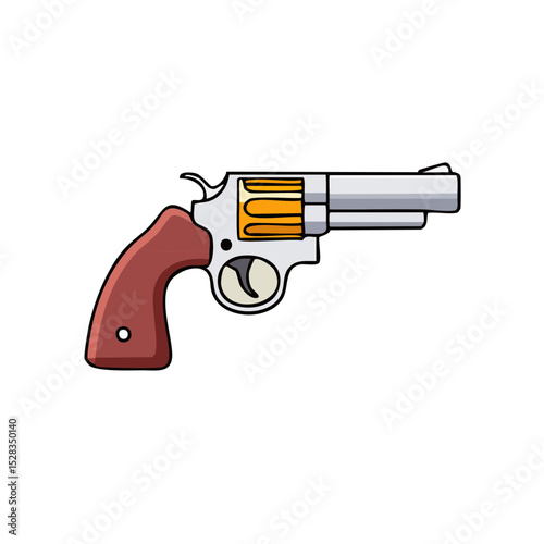 A detailed illustration of a revolver firearm with a wooden handle. The weapon is depicted in a realistic style