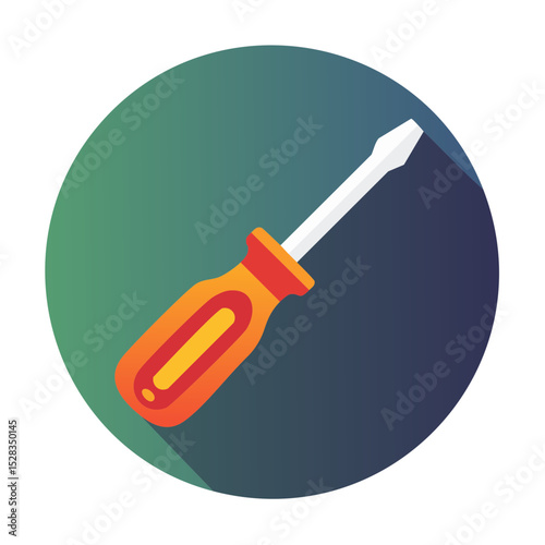 A flat-head screwdriver rests on a green to blue gradient background. The screwdriver has a yellow and orange handle