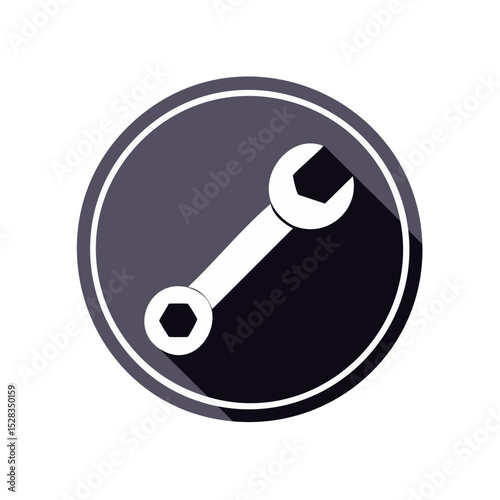 A wrench icon in a dark gray circle with a long shadow. The wrench is white and has a hexagonal and open end.