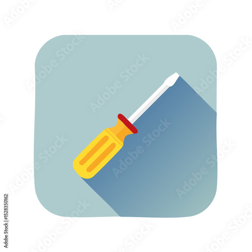 A flat-head screwdriver icon on a blue background, ideal for representing repair and construction tasks. The screwdriver is simple and clean design