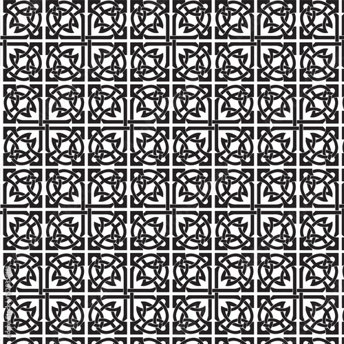 black and white seamless background, monochrome, repeating geometric pattern, grid of squares, intricate knot-like or Celtic-inspired design, bold and black, dense and decorative overall texture