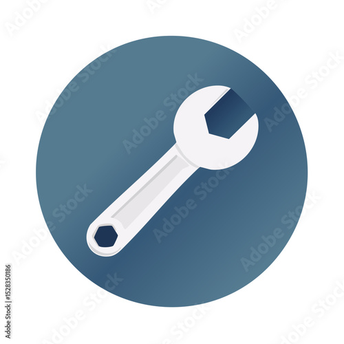 A white wrench against a blue circle background