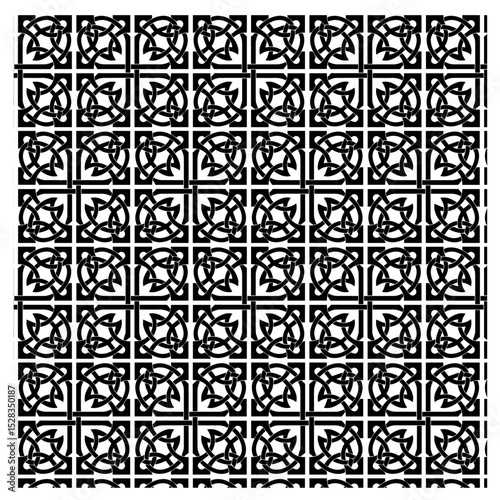 black and white seamless background, monochrome, repeating geometric pattern, grid of squares, intricate knot-like or Celtic-inspired design, bold and black, dense and decorative overall texture