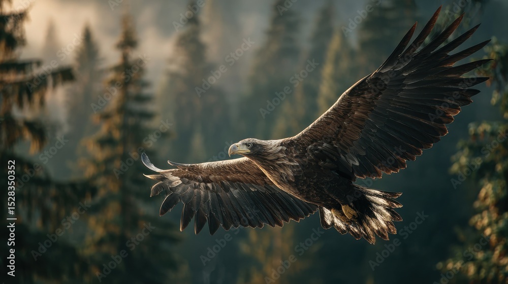 Obraz premium A large eagle is flying through a forest. Concept of freedom and power, as the eagle soars high above the trees. The natural setting and the majestic bird create a feeling of awe and wonder
