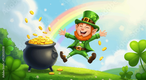 Leprechaun and pot of gold under rainbow