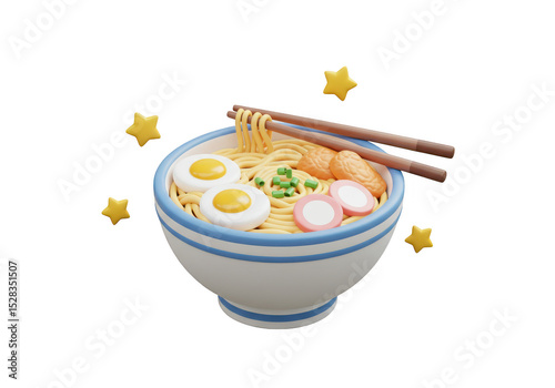 Bowl of ramen with chopsticks and stars isolated on transparent background