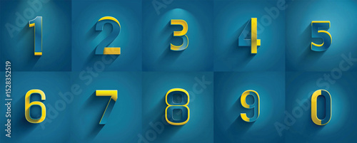 3D numbers from 1 to 9 in vibrant yellow and blue design  
