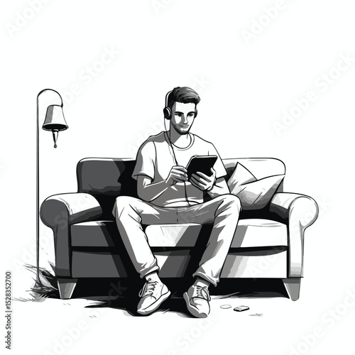 Dynamic Millennial Gaming Party Concept with Guy Sitting on Couch Enjoying Video Games