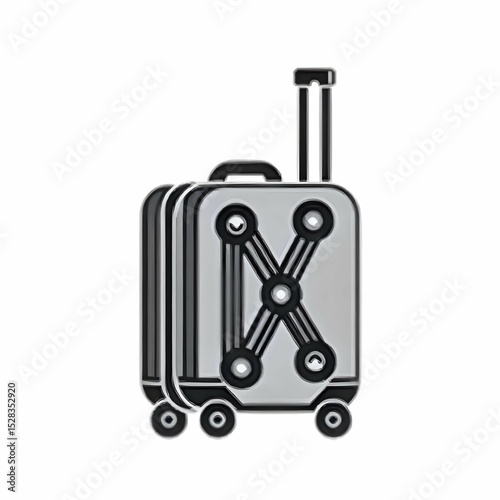 Minimalist black and white vector icon of a rolling travel suitcase with a handle, clean outline style, symbol of modern travel lifestyle, simple line art, no background