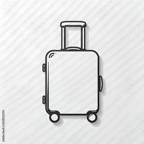 Minimalist black and white vector icon of a rolling travel suitcase with a handle, clean outline style, symbol of modern travel lifestyle, simple line art, no background