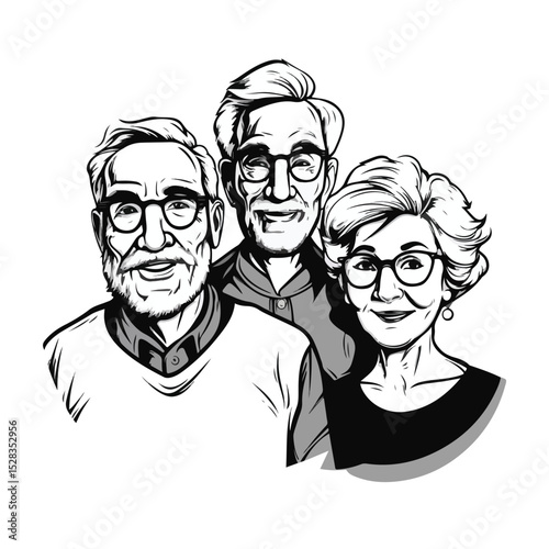 Diverse Generational Avatar Relationship Concept Illustration in Black and White