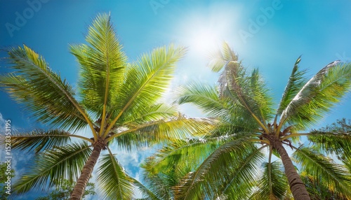 Wallpaper Mural dreamy view looking up at palm trees on sunny clear blue sky tropical paradise view sunlight filtering through lush green leaves perfect for beach vacation peaceful travel relax nature photography Torontodigital.ca