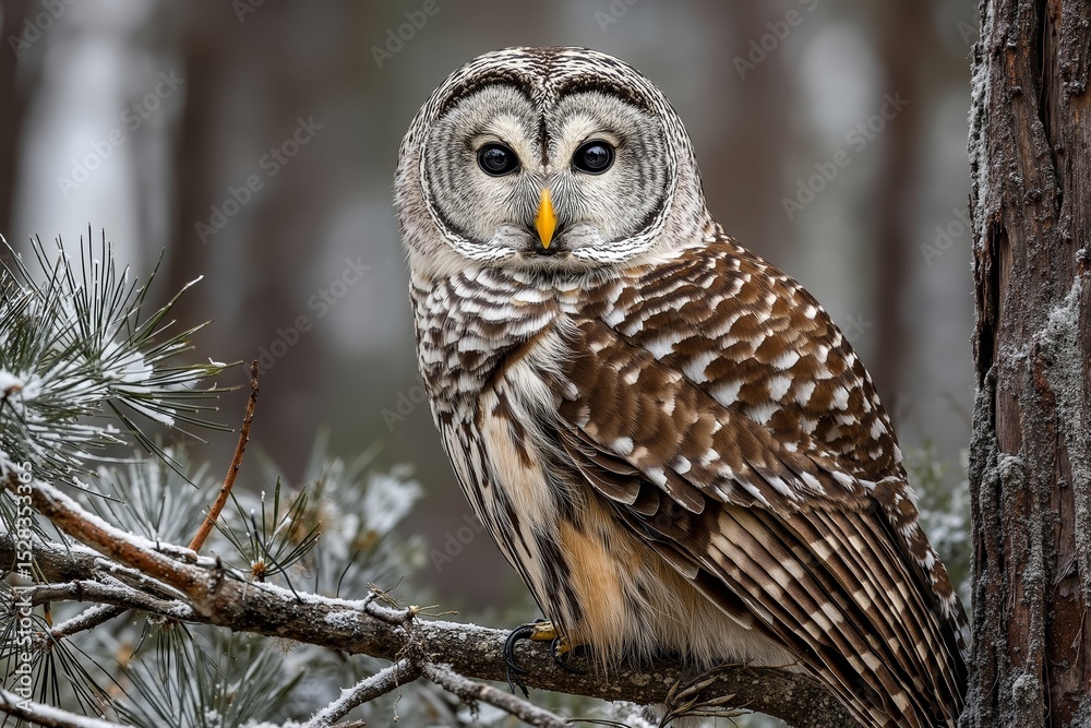 Obraz premium A barred owl perched on a tree branch in the snow