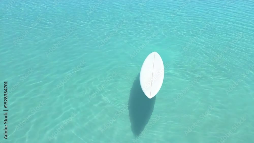 Surfboard Floating on Turquoise Water: A lone surfboard floats serenely on crystal-clear, turquoise waters. The sun casts a gentle shadow beneath it.