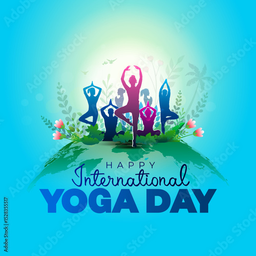 Happy International yoga day invite card design. Vector illustration of people yoga and exercise pose.