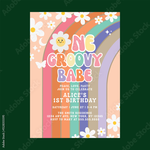 Groovy One boho daisy rainbow first birthday Invitation