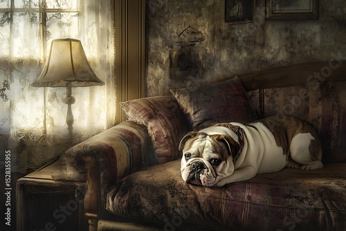 room Bulldog relaxing in a vintage themed
