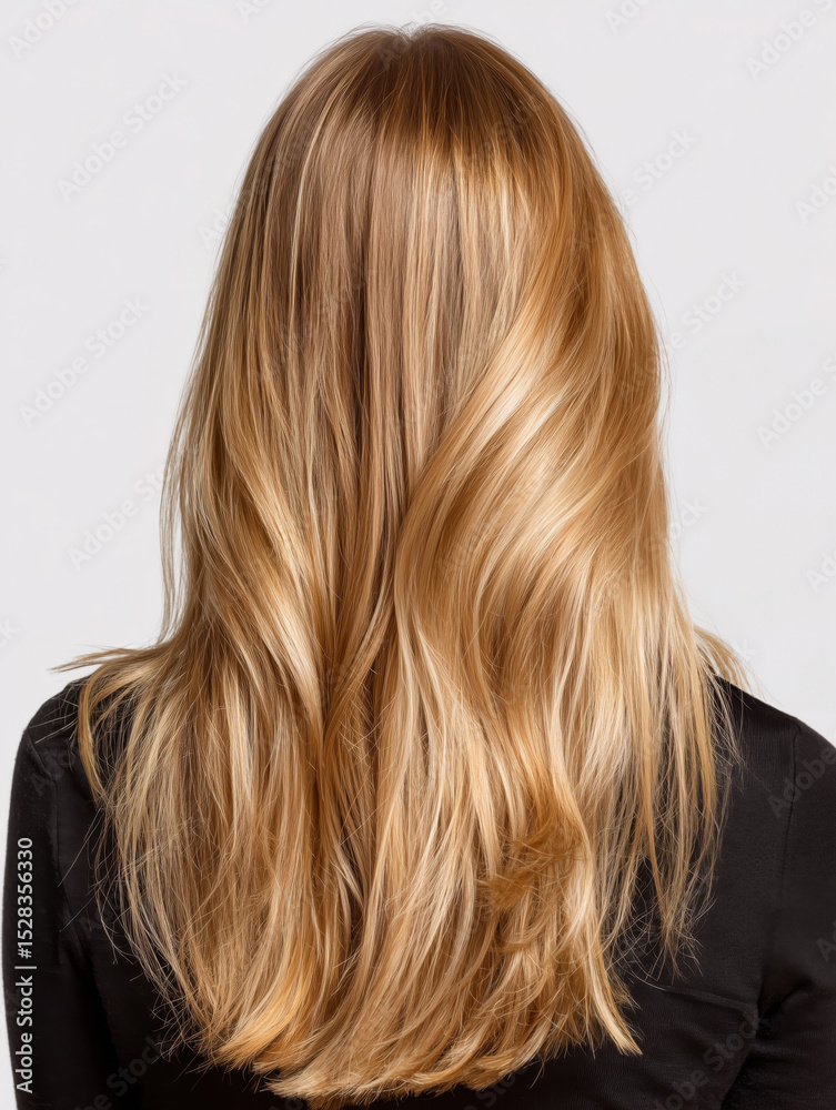 Naklejka premium Elegant hair cascade flowing down the back of a woman in soft lighting