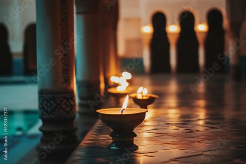 Burning candles lighting a Moroccan riad courtyard