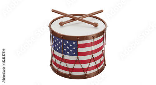 Patriotic Drum: A vintage drum proudly displays the American flag, evoking feelings of patriotism and national pride. Wooden drumsticks are crossed atop, symbolizing the heart of the nation.