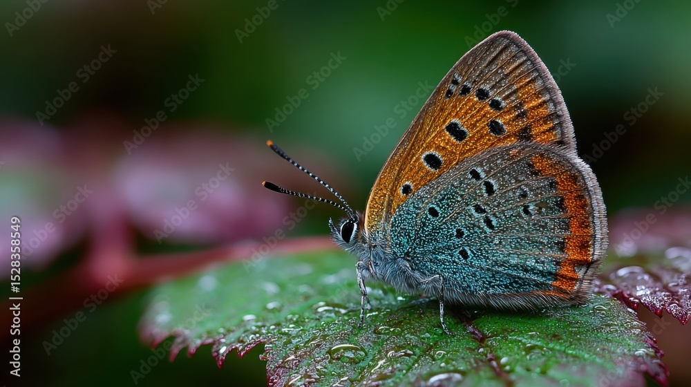 Obraz premium A butterfly with blue and orange wings is sitting on a leaf. The leaf is wet, and the butterfly is surrounded by water droplets. Concept of tranquility and beauty