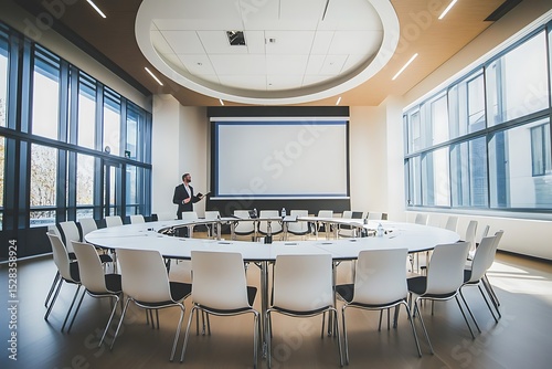 Business executive giving presentation in modern boardroom with large digital display