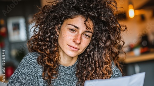 Young woman reads a letter with curiosity in a cozy indoor setting during daytime hours