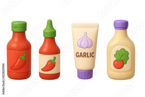 Assorted condiment bottles: hot sauce, garlic paste, salad dressing