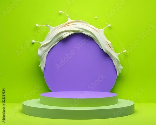 A matte violet podium placed on a solid lime green backdrop with thick cream splash arcing upward behind it.

