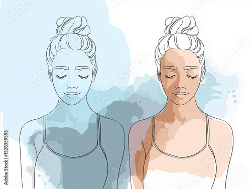 Natural skincare routine at home, Modern Line Art + Watercolor of a woman before and after skincare treatment