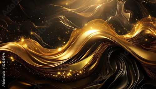 Golden Sparkling Abstract Background with Luxury Black Smoke and Underwater Acrylic Paint Explosion