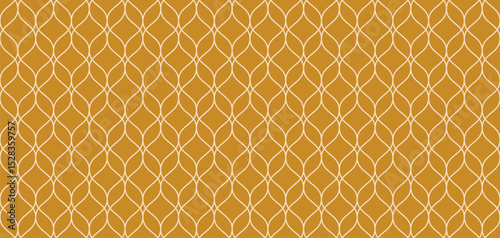 Elegant vector seamless pattern in Islamic style. Delicate mesh, grid, lattice, thin curved lines. Abstract geometric ornament. Mustard yellow color background texture. Vintage repeating geo design