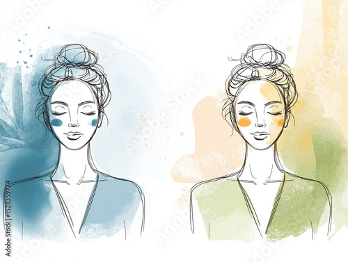 Natural skincare routine at home, Modern Line Art + Watercolor of a woman with colored face masks on each side