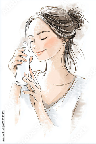 Natural skincare routine at home, Modern Line Art + Watercolor of a woman enjoying a skincare product