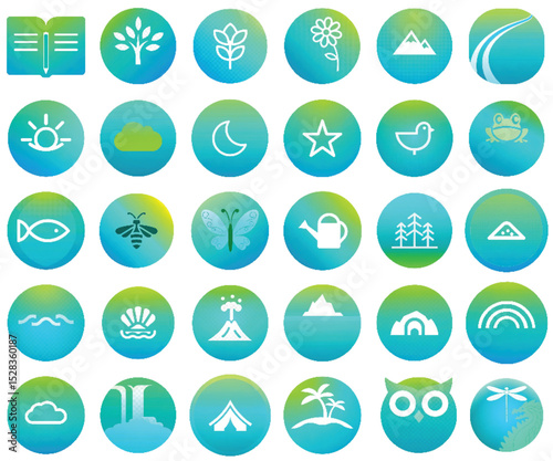 Icon set with nature symbols in round design with gradient background  