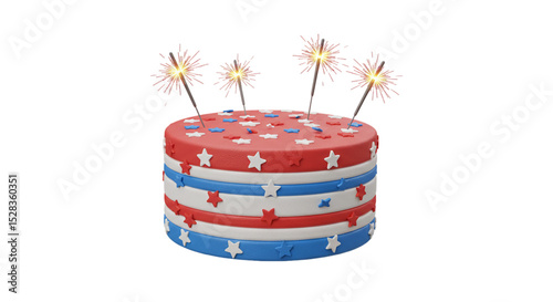 Patriotic Cake with Sparklers: A delicious-looking layered cake decorated in red, white, and blue with sparkling stars and topped with festive sparklers. Perfect for Independence Day celebrations. 