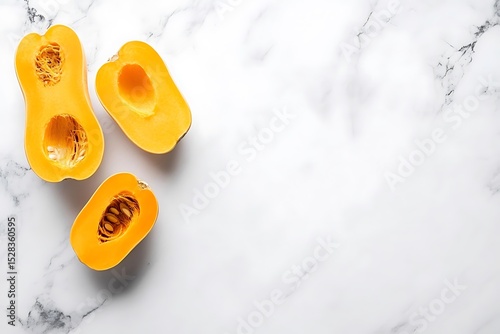 butternut squash cut in half on marble top