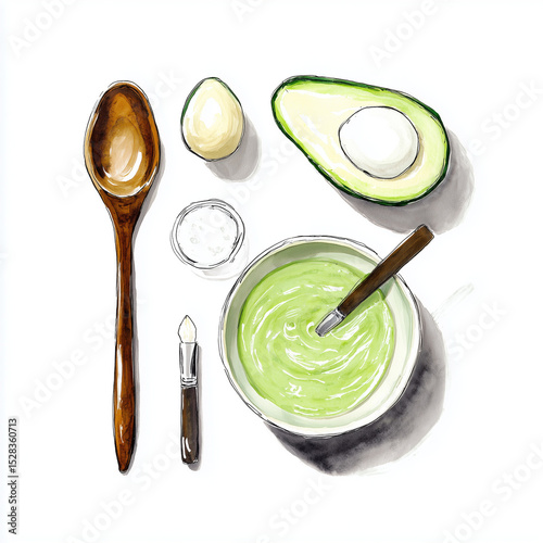 Natural skincare routine at home, Modern Line Art + Watercolor, homemade avocado facial mask ingredients on white background